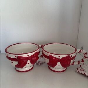 Two Christmas Candy Cane & Bow tea cups